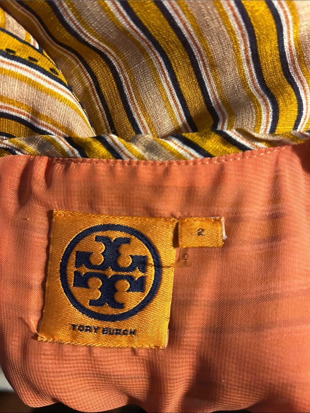 Tory Burch Striped Yellow Midi Dress with Gathered Waist size 2